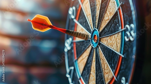 Dart hit the bullseye on a colorful target, soft tones, fine details, high resolution, high detail, 32K Ultra HD, copyspace photo