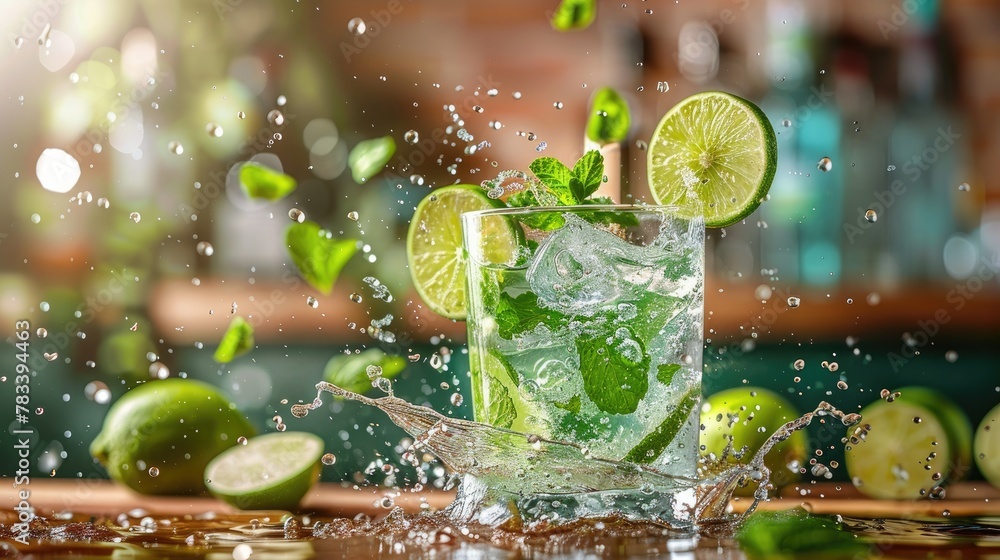 Splashing mojito cocktail with lime and mint on a bar counter, soft ...
