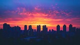 Silhouette of a city skyline against a vibrant sunset, soft tones, fine details, high resolution, high detail, 32K Ultra HD, copyspace