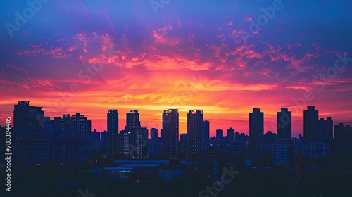 Silhouette of a city skyline against a vibrant sunset, soft tones, fine details, high resolution, high detail, 32K Ultra HD, copyspace