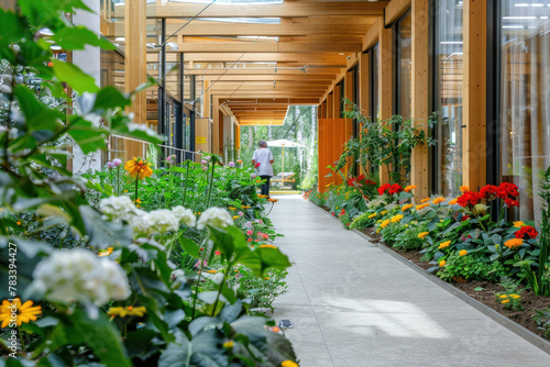 Wellness Area in a Nursing Home With Indoor Therapy Garden, Pathways Lined With Plants and Flowers