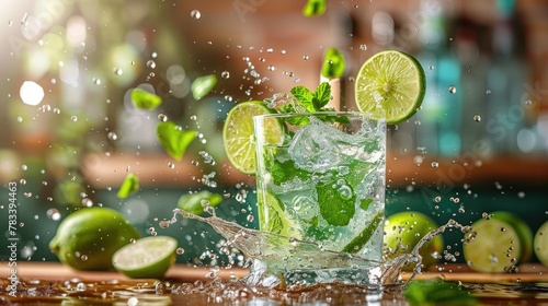 Splashing mojito cocktail with lime and mint on a bar counter, soft tones, fine details, high resolution, high detail, 32K Ultra HD, copyspace