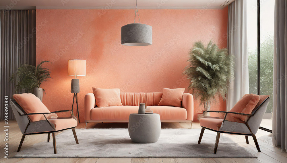 Fototapeta premium Peach fuzz trend color year 2024 in the premium livingroom. Painted mockup wall for art - pink pastel apricot warm colour. Modern room design interior lounge. Accent premium gray chairs. 3d render