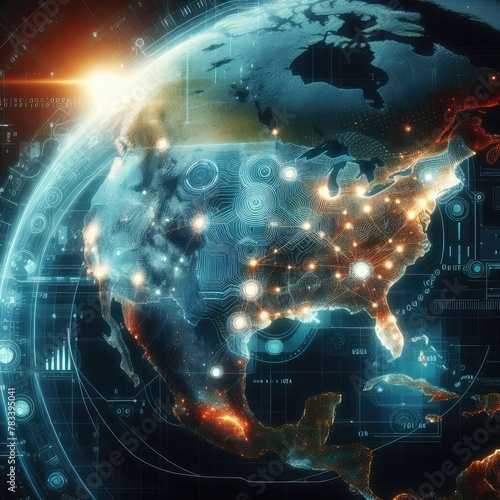 Digital map of usa on the global planet with ai technology concept