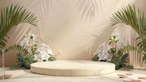 background podium product platform for nature beauty cosmetic stage scene. Abstract rock podium pedestal mockup with green leaf shadow. Photography showcase fresh banner.