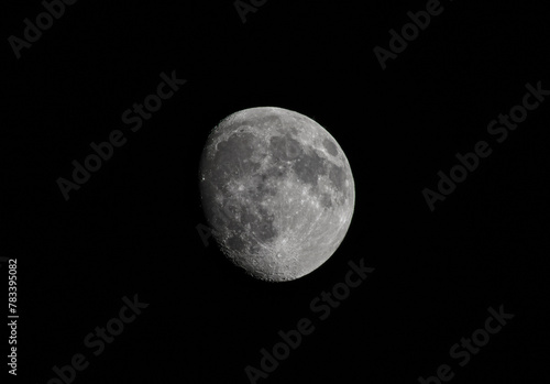 A monochromatic photo of the moon in the night sky