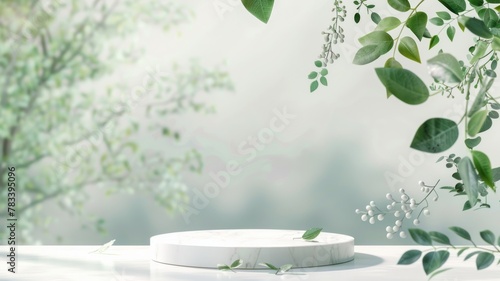 background podium product platform for nature beauty cosmetic stage scene. Abstract rock podium pedestal mockup with green leaf shadow. Photography showcase fresh banner. photo