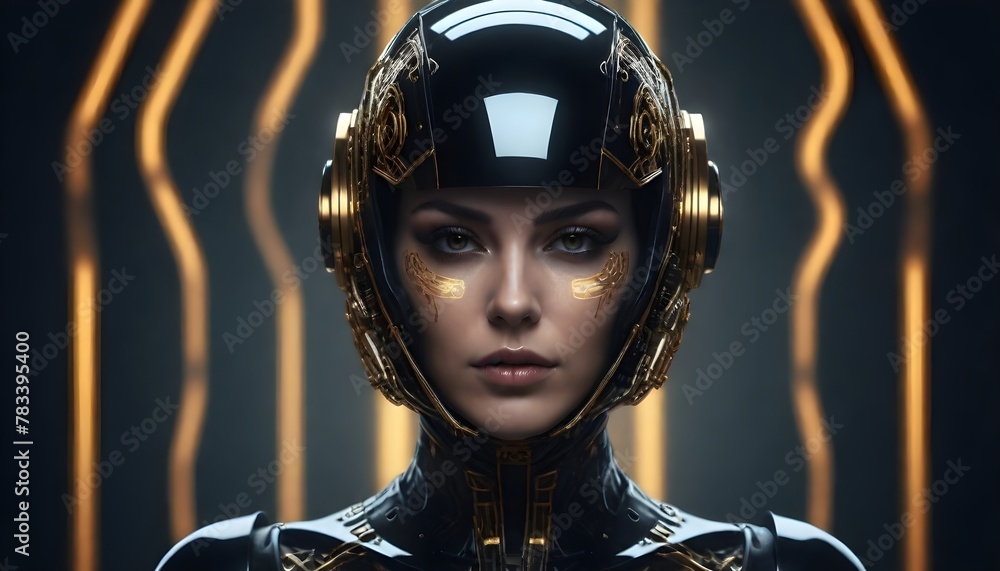 A sexy woman wearing a black and gold helmet.. A sexy woman wearing a black and gold helmet..