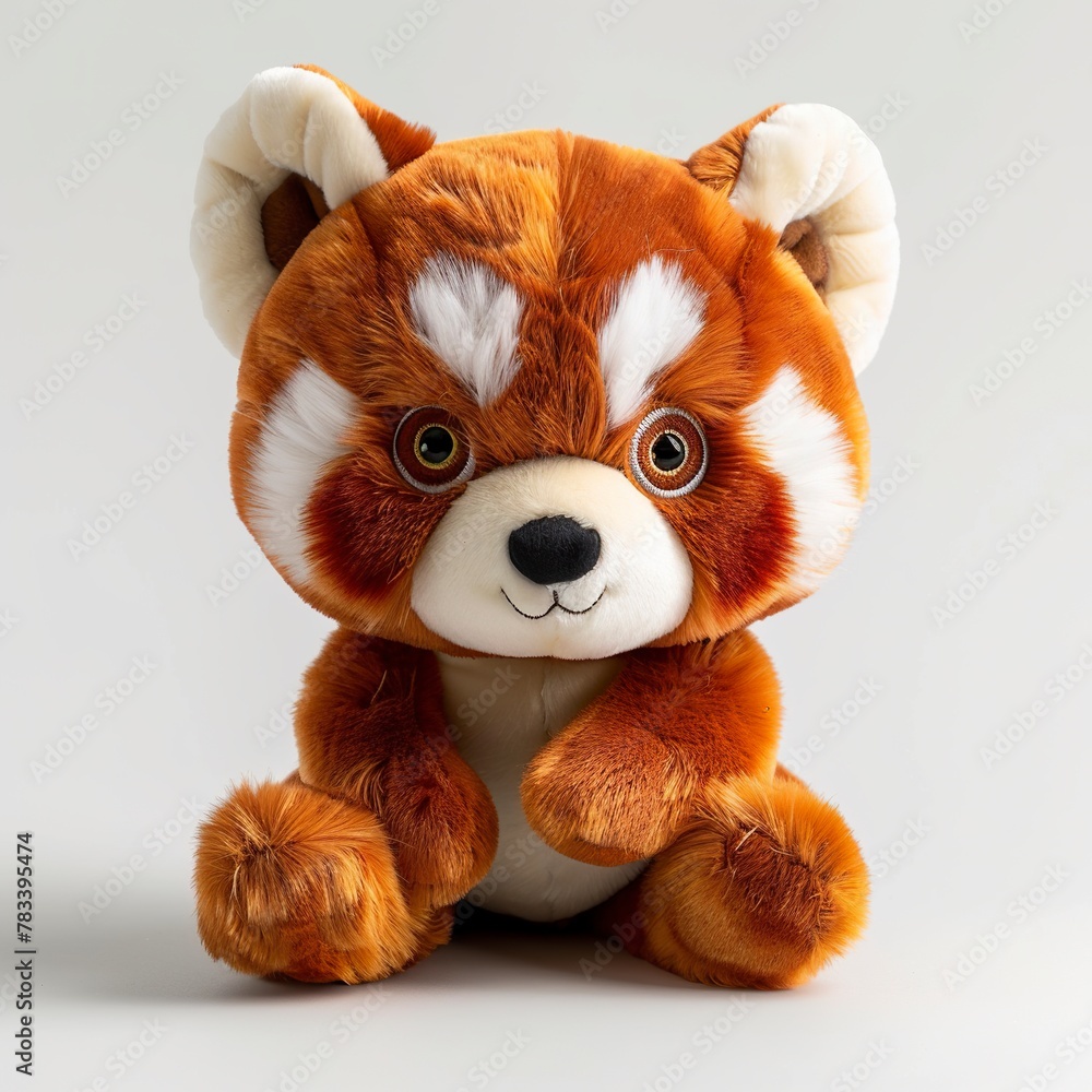A cute red panda plush toy on a white background emanating an aura of