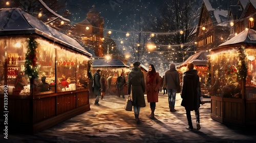 AI-generated couples strolling through a winter market, admiring handmade crafts beneath twinkling fairy lights