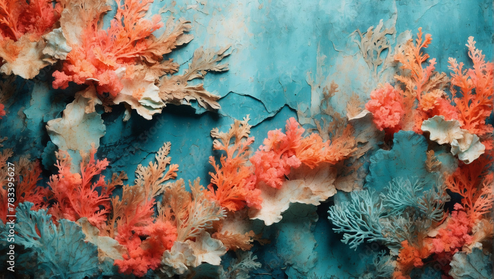 Abstract grunge backdrop featuring layers reminiscent of underwater coral reefs.