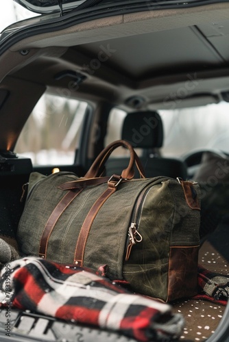 Weekender Bag, Stylish weekender bag in the trunk of a car, getaway ready photo