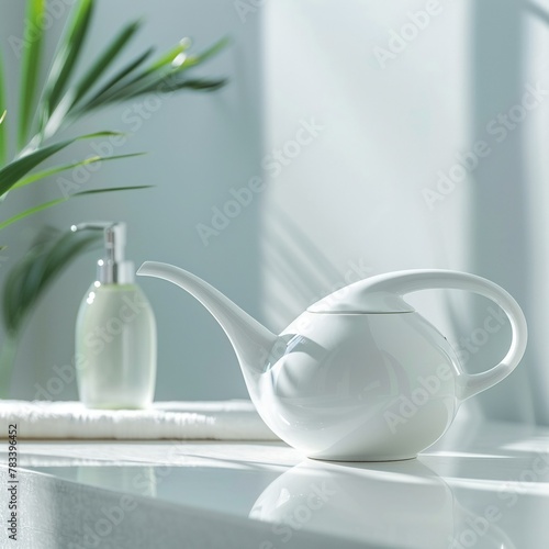 Neti Pot, Neti pot set on a bathroom counter, serene and clean photo