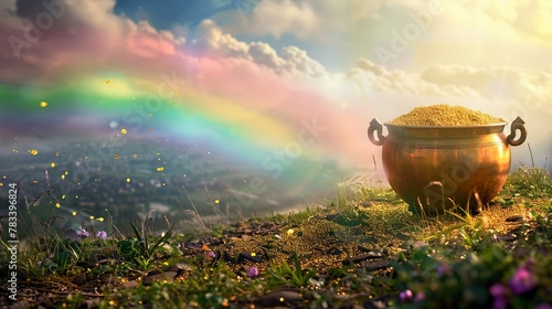 Gold Pot, Pot of gold at the end of a rainbow, mythical lush landscape photo