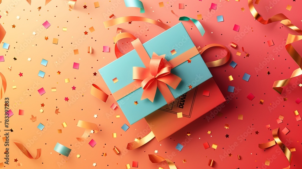 A 3D vector discount coupon incorporates a voucher event ticket icon badge and a gift box with confetti, epitomizing special voucher concepts for holiday sales and online shopping bonuses A 3D vector discount coupon incorporates a voucher event ticket icon badge and a gift box with confetti, epitomizing special voucher concepts for holiday sales and online shopping bonuses