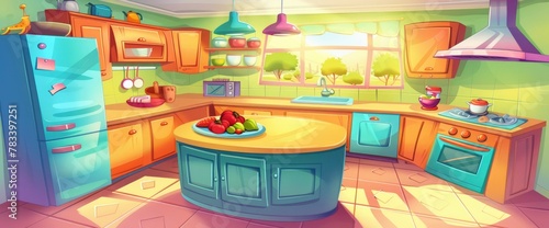 A cartoon kitchen with an island in the center, surrounded by cabinets and appliances , Anime Background Images