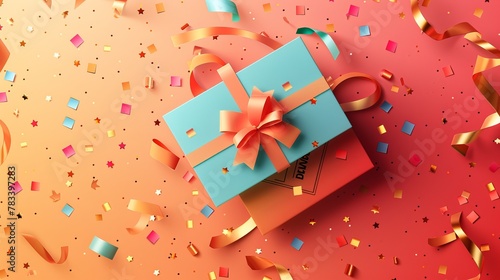 A 3D vector discount coupon incorporates a voucher event ticket icon badge and a gift box with confetti, epitomizing special voucher concepts for holiday sales and online shopping bonuses