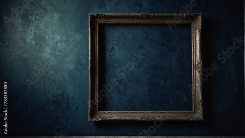 deep indigo grunge vintage wall background with empty art frame from Generative AI