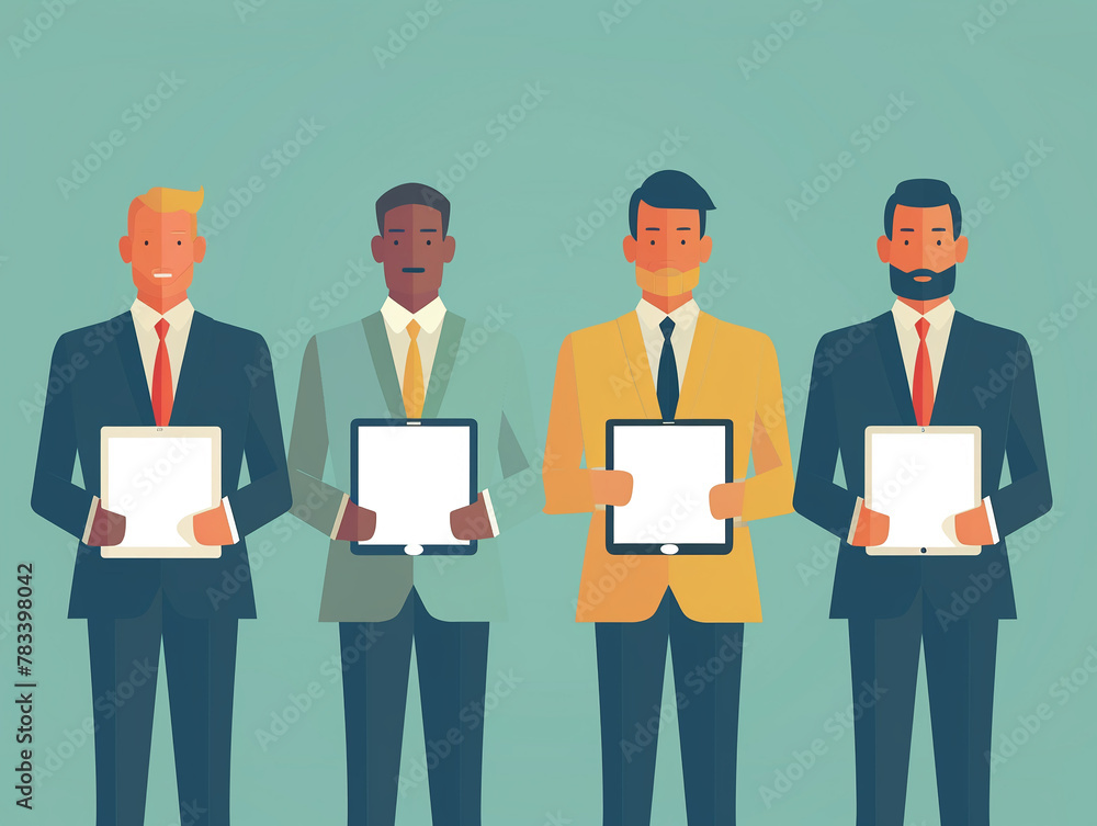 A team of businessmen each holding a digital tablet icon indicating technology integration and digital transformation in business A team of businessmen each holding a digital tablet icon indicating technology integration and digital transformation in business