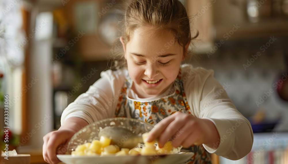 Independence Training: Young Adult with Down Syndrome Learns Daily Living Skills Such as Cooking and Cleaning. Learning Disability.