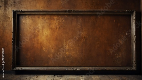 rusty brown grunge vintage wall background with empty art frame from Generative AI