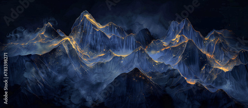 abstract mountain landscape with golden glittering lines photo