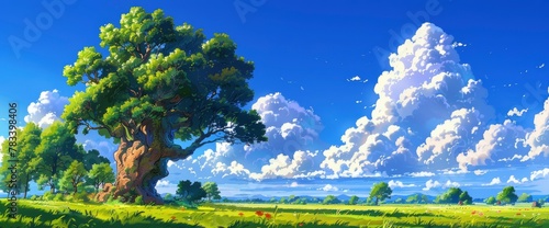 An illustration of an English countryside with rolling green hills under a clear blue sky, rendered in the simple and expressive style reminiscent of Japanese anime, Anime Background Images