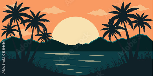 Summer tropical background with ocean, sun and palm trees. Vector illustration