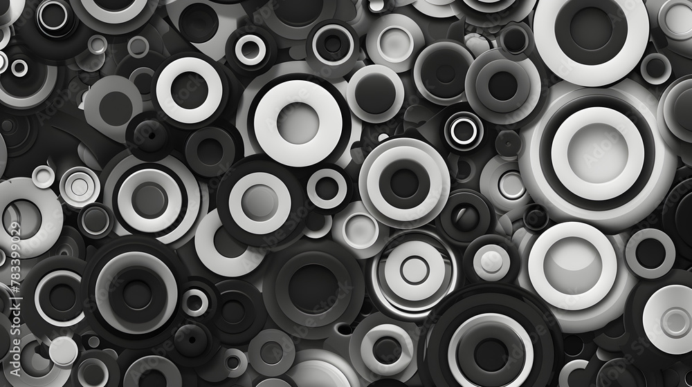 A plethora of various sized circles create a dynamic and modern abstract pattern in a monochrome palette.
