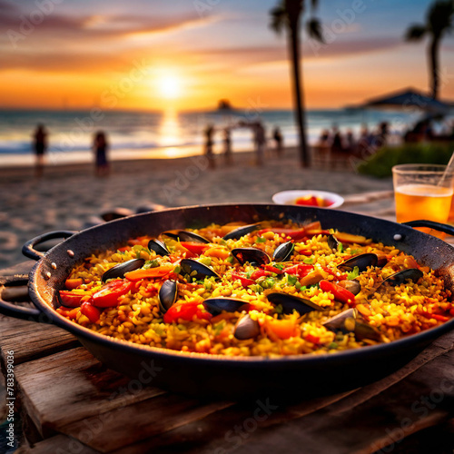 freshly made paella on party background in blurred beach, evening