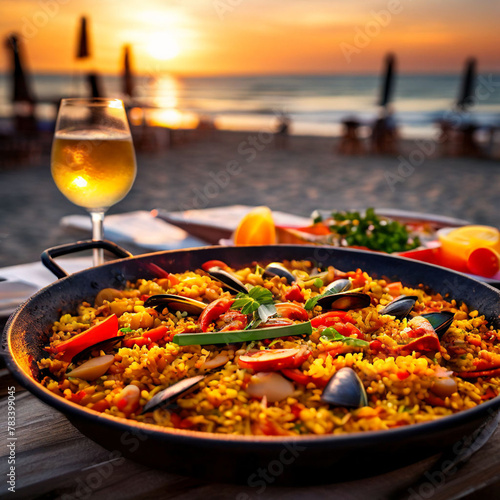 freshly made paella on party background in blurred beach, evening