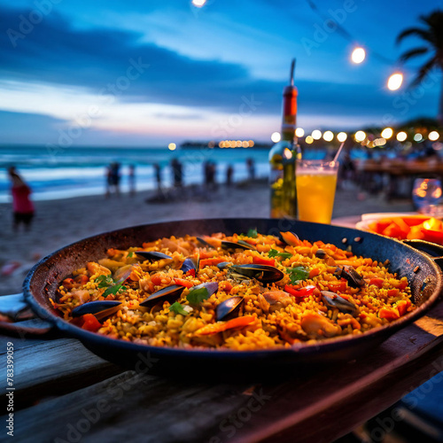 freshly made paella on party background in blurred beach, evening