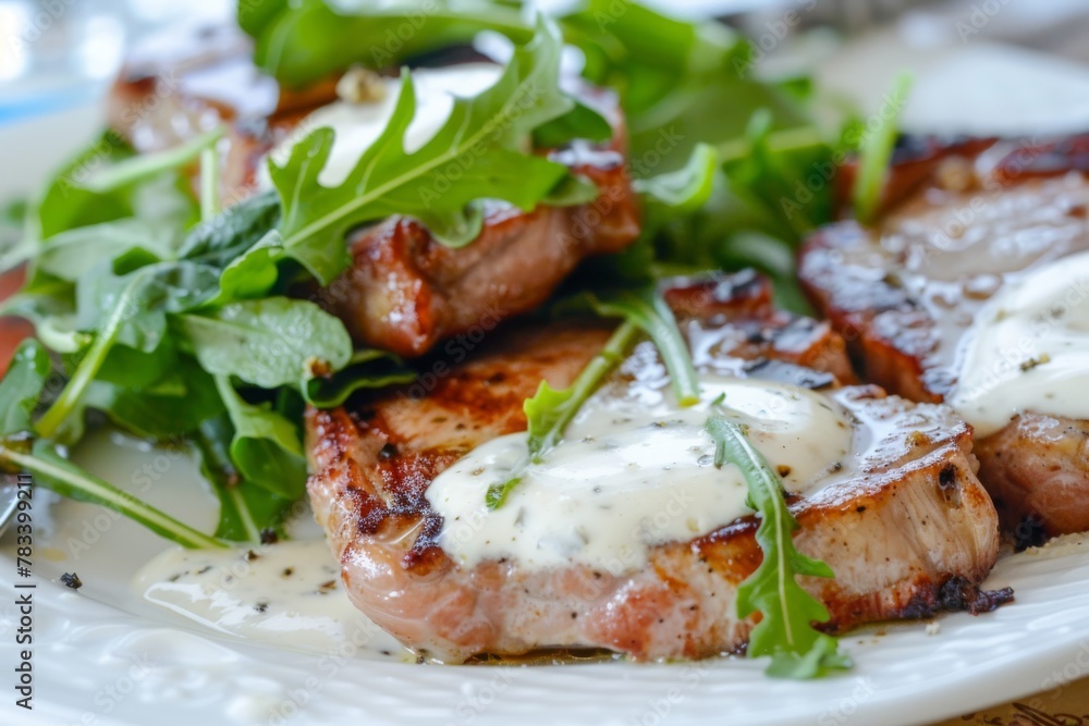 Juicy grilled pork steak topped with a creamy sauce, garnished with fresh arugula on a white plate. Grilled Pork Steak with Cream Sauce and Arugula