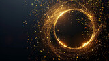 Golden shimmering circle of glittering particles on black background, copy space