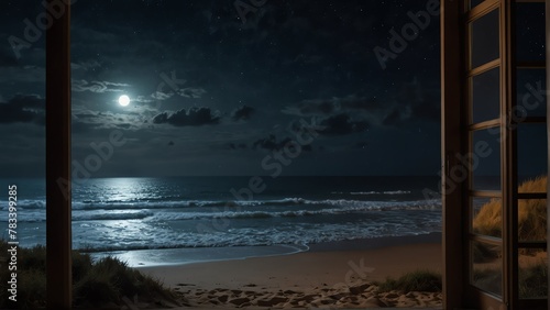 beach night landscape nature view from a window background from Generative AI © SevenThreeSky