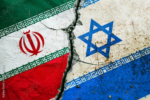 The Iranian flag on the left and Israeli flag on the right, with an icon of both flags merging into one symbol against a background with a cracked wall texture
