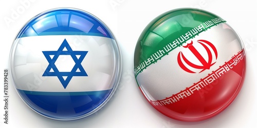 Two spheres with the Iranian flag and Israeli flag on them, white background