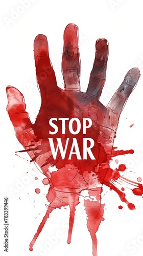 A handprint with red paint dripping on it, the word "STOP WAR" written in bold letters
