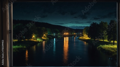 river night landscape nature view from a window background from Generative AI