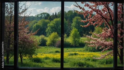 spring landscape nature view from a window background from Generative AI