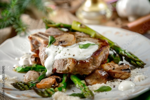 Grilled pork tenderloin with creamy sauce on a bed of asparagus and mushrooms, elegantly plated. Grilled Pork Tenderloin with Asparagus and Mushrooms