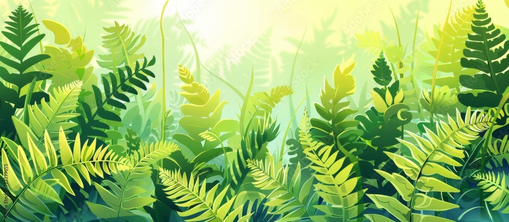 Lush green and yellow jungle setting filled with vibrant ferns and leaves