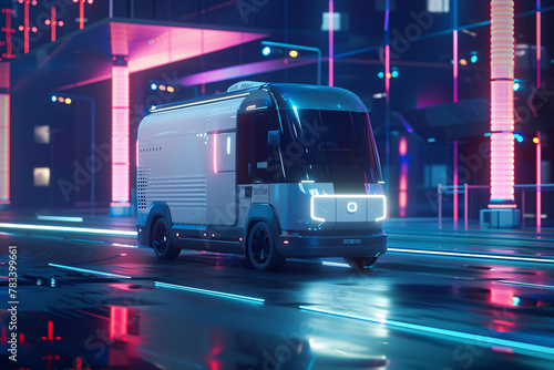 Modern autonomous delivery van moving through neon city