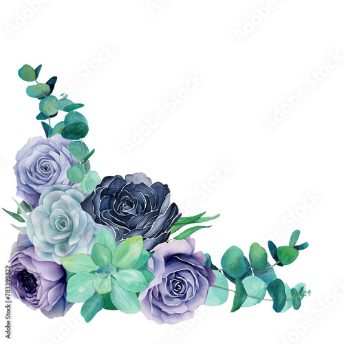 Watercolor composition with blue roses and baby blue eucalyptus, decorative succulents. Deep Blue rose border. Botanical design for packaging, wallpaper, greeting cards, invitations. (ID: 783399822)