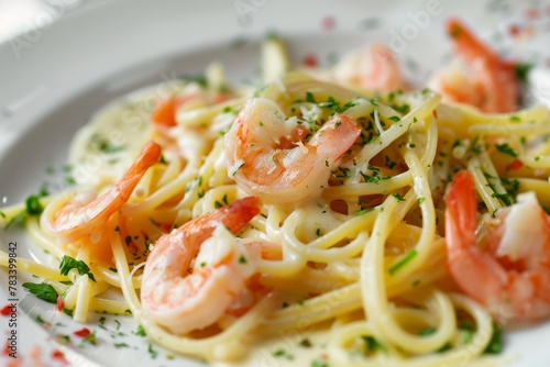 Delicious creamy fettuccine pasta topped with succulent shrimp and fresh parsley. Shrimp Fettuccine Alfredo Pasta Close-Up