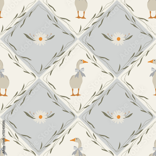 Geese seamless pattern with daisies. Retro vector wallpaper. Flat cute illustrations background