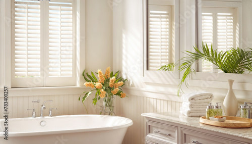 Bathroom interior with white bathtub and flower in vase