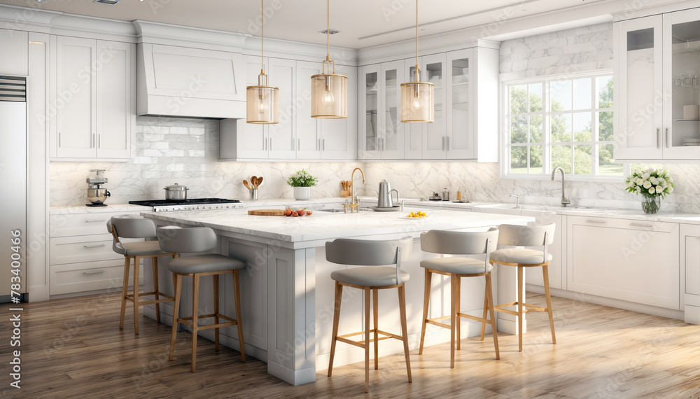 3d Illustration of white modern kitchen in a house with a beautiful design