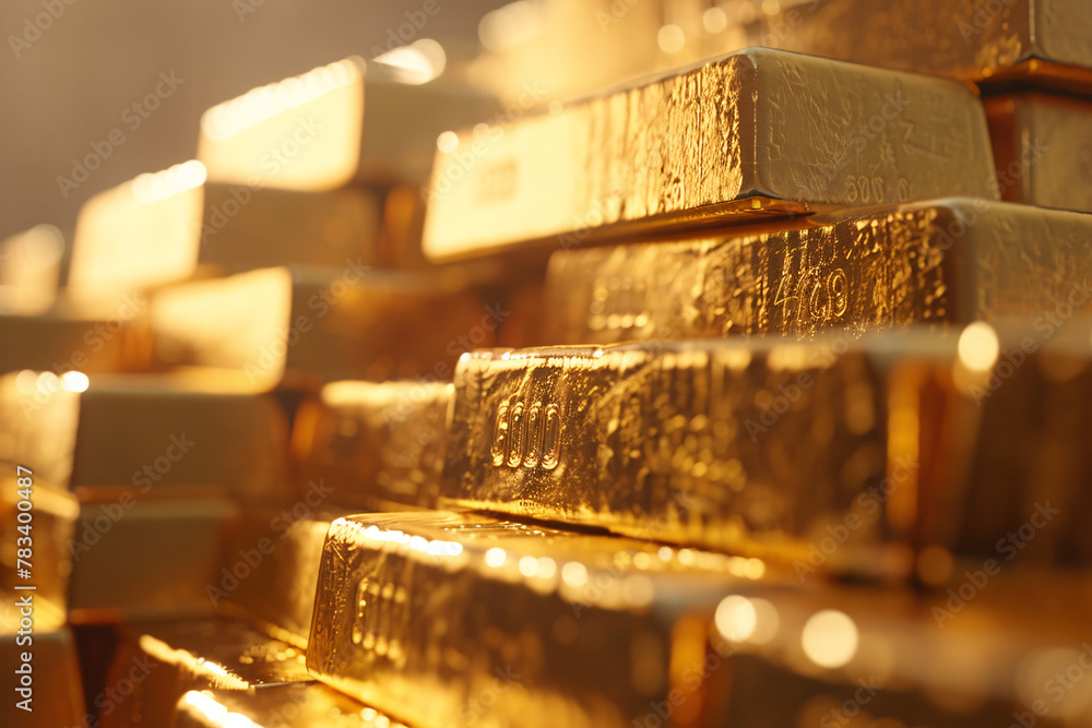 Close-up of gleaming gold bars in soft focus Close-up of gleaming gold bars in soft focus