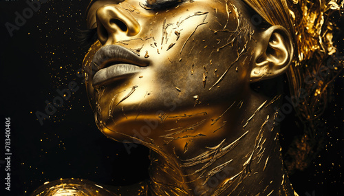 Golden woman face on black background. 3d rendering, 3d illustration.